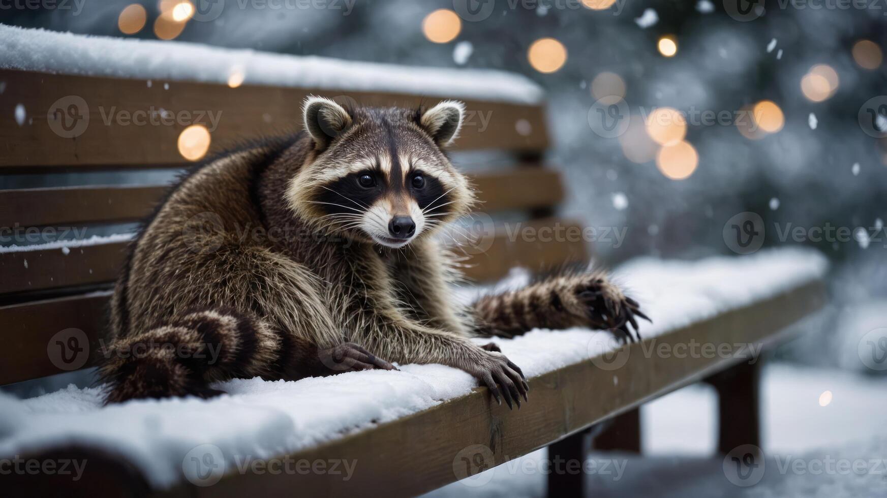 A raccoon sitting on a snow-covered bench with festive lights in the background. photo