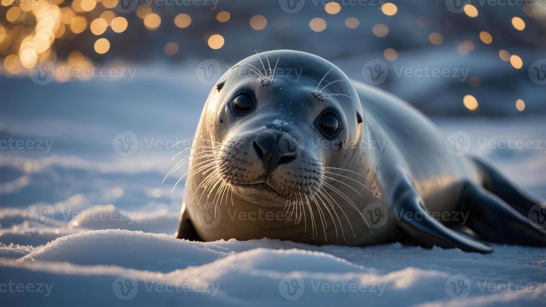 A close-up of a seal resting on snow with blurred lights in the background. photo