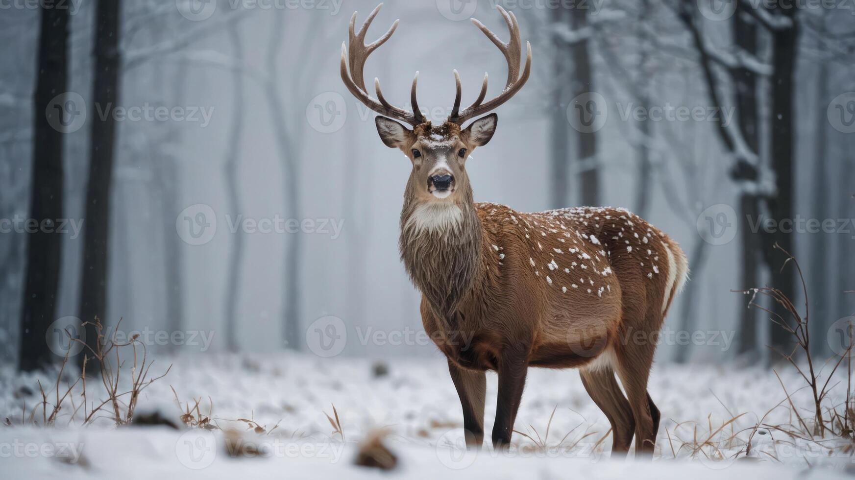 A majestic deer stands in a snowy forest, surrounded by trees and a serene atmosphere. photo