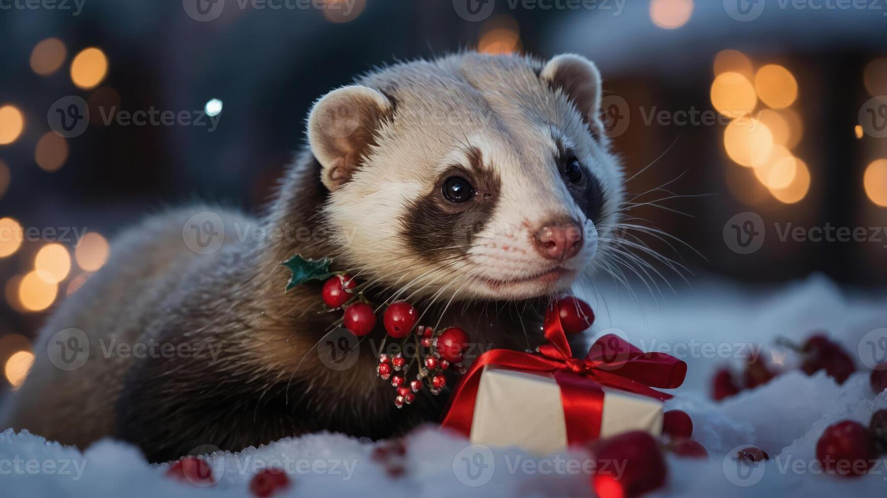 A festive ferret adorned with a holiday collar, sitting in snow beside a gift box. photo