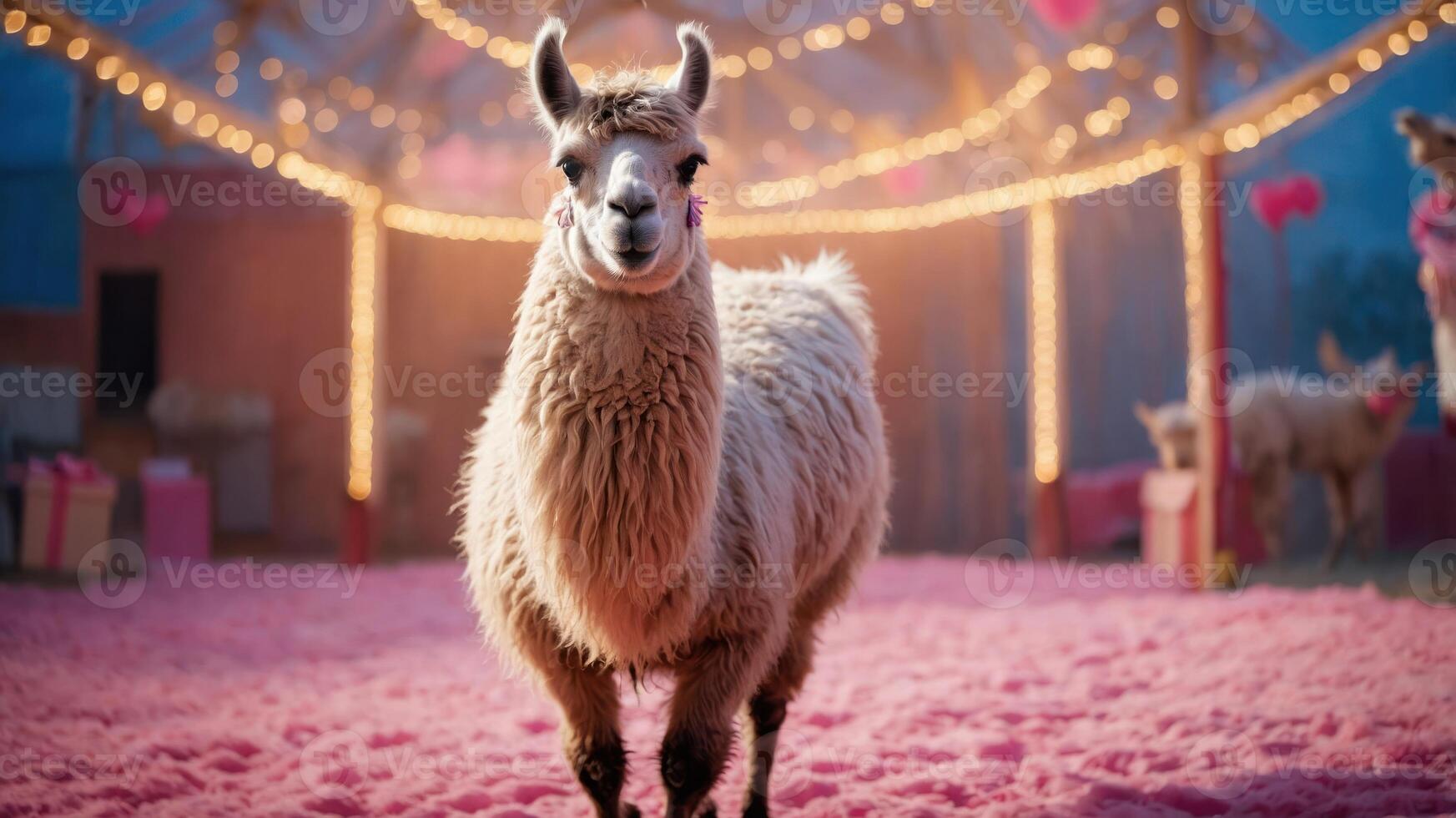 A cheerful llama stands in a festive, pink-themed environment with lights and decorations. photo