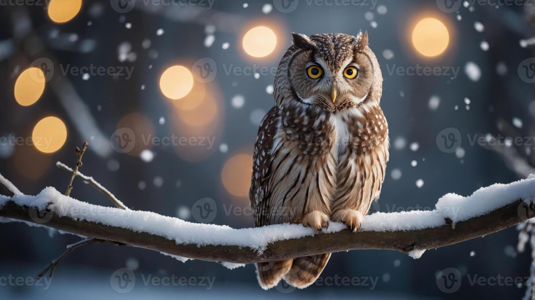 A snowy owl perched on a branch amidst falling snow and soft glowing lights. photo
