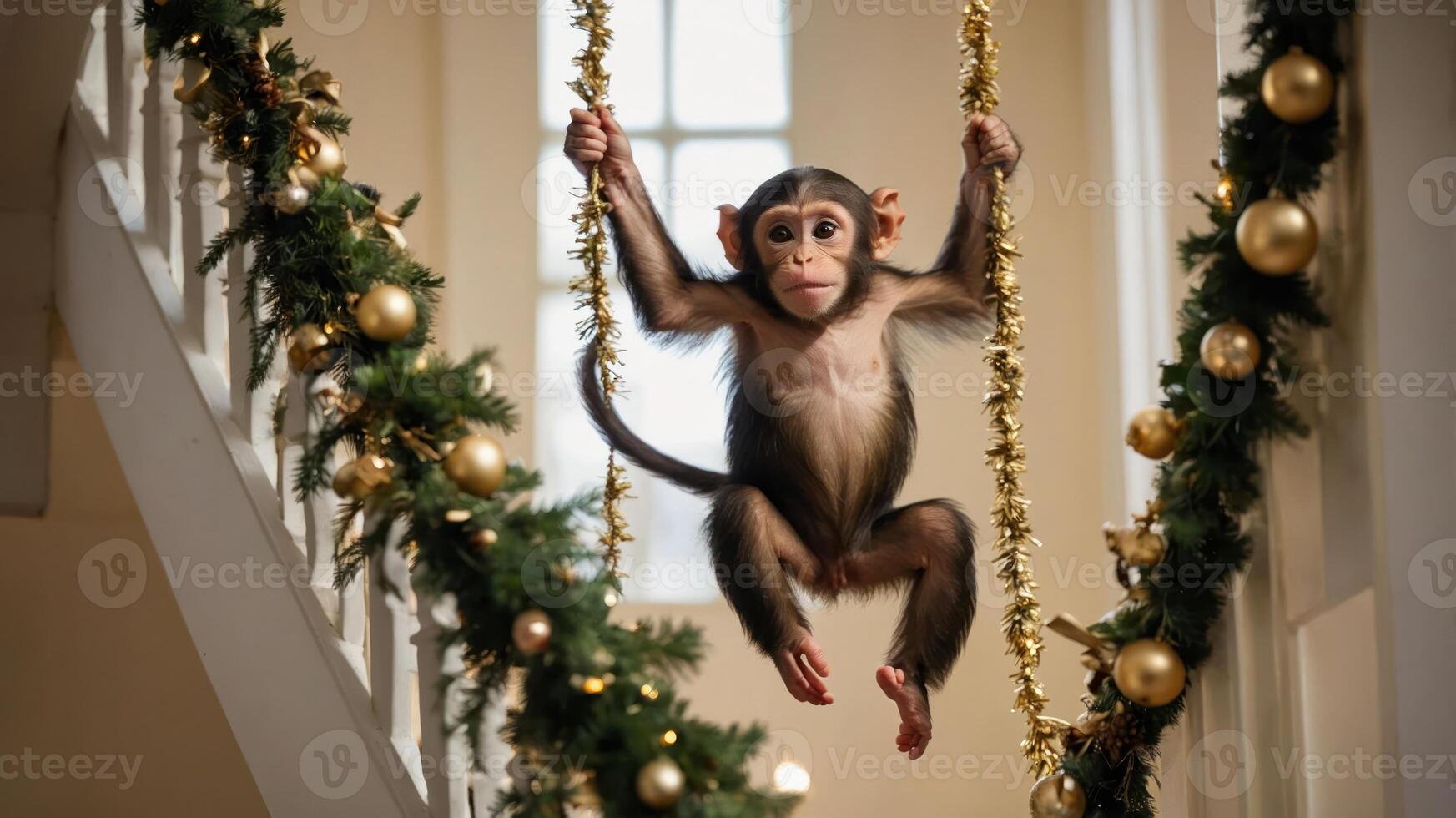 A playful monkey swings on a festive staircase adorned with holiday decorations. photo