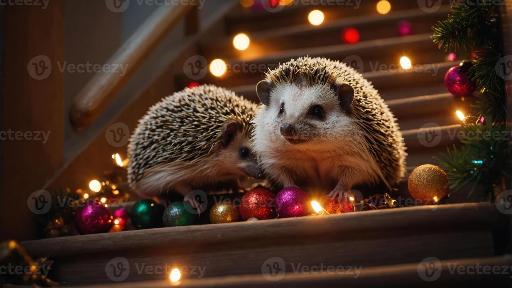 Two hedgehogs surrounded by Christmas decorations on a staircase. photo