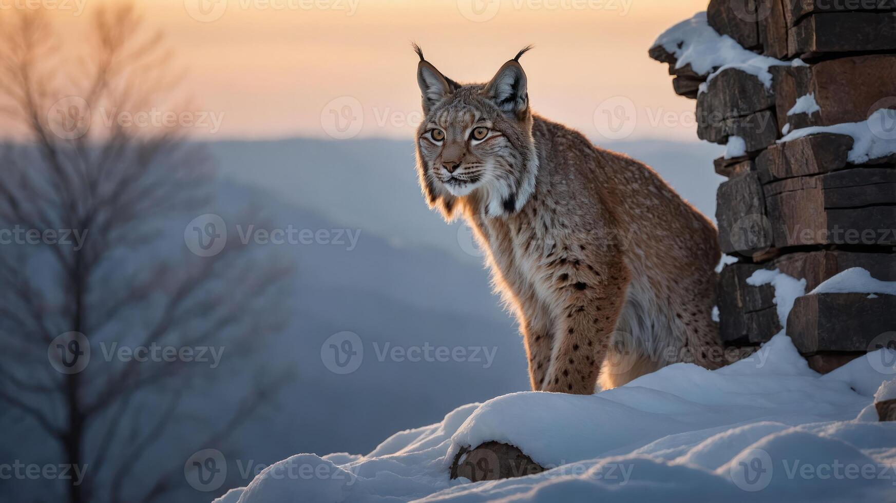 A lynx stands on a snowy ledge at sunset, showcasing its majestic presence in nature. photo