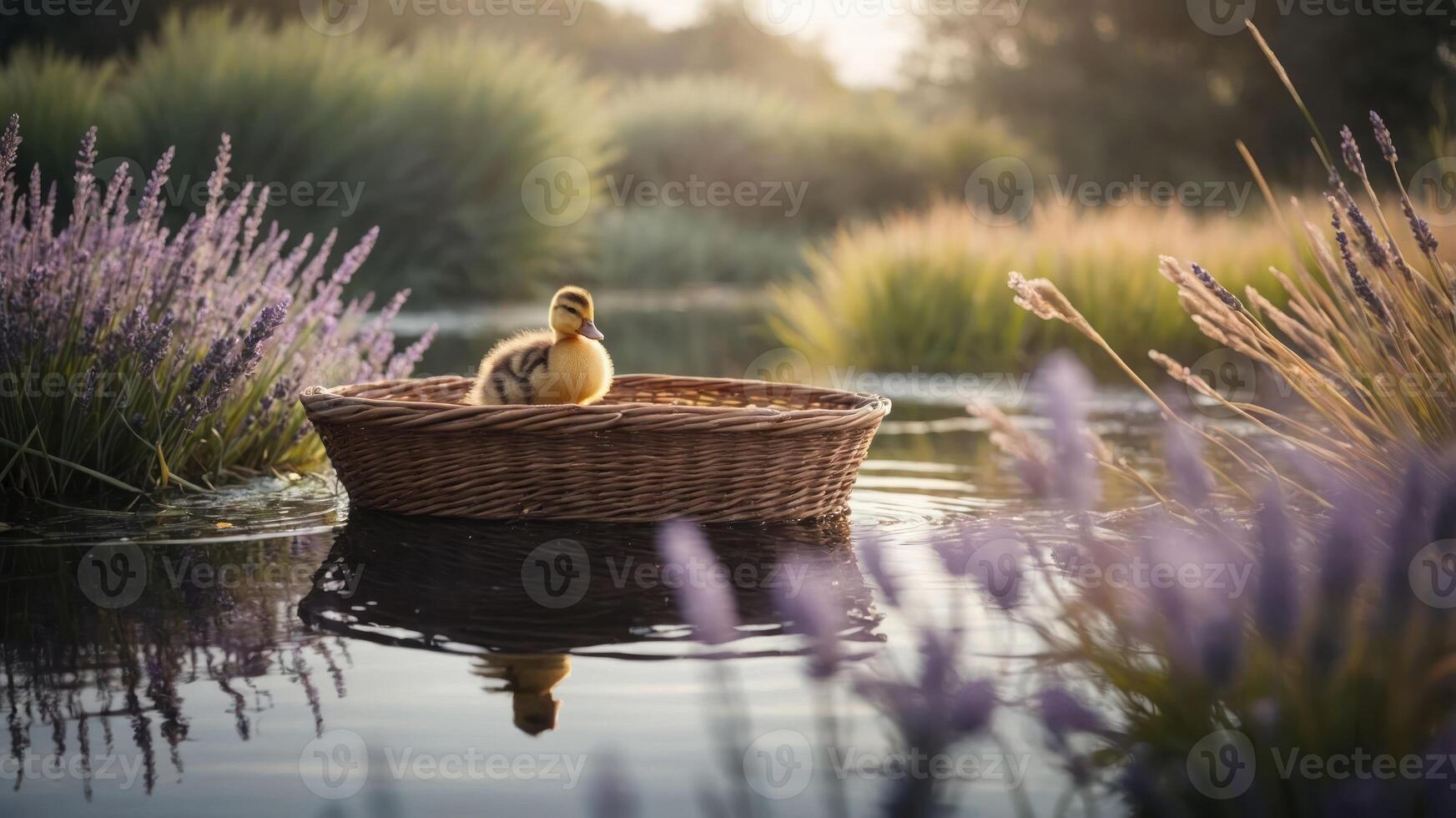 A duckling peacefully floats in a woven basket on a serene water surface surrounded by lavender. photo