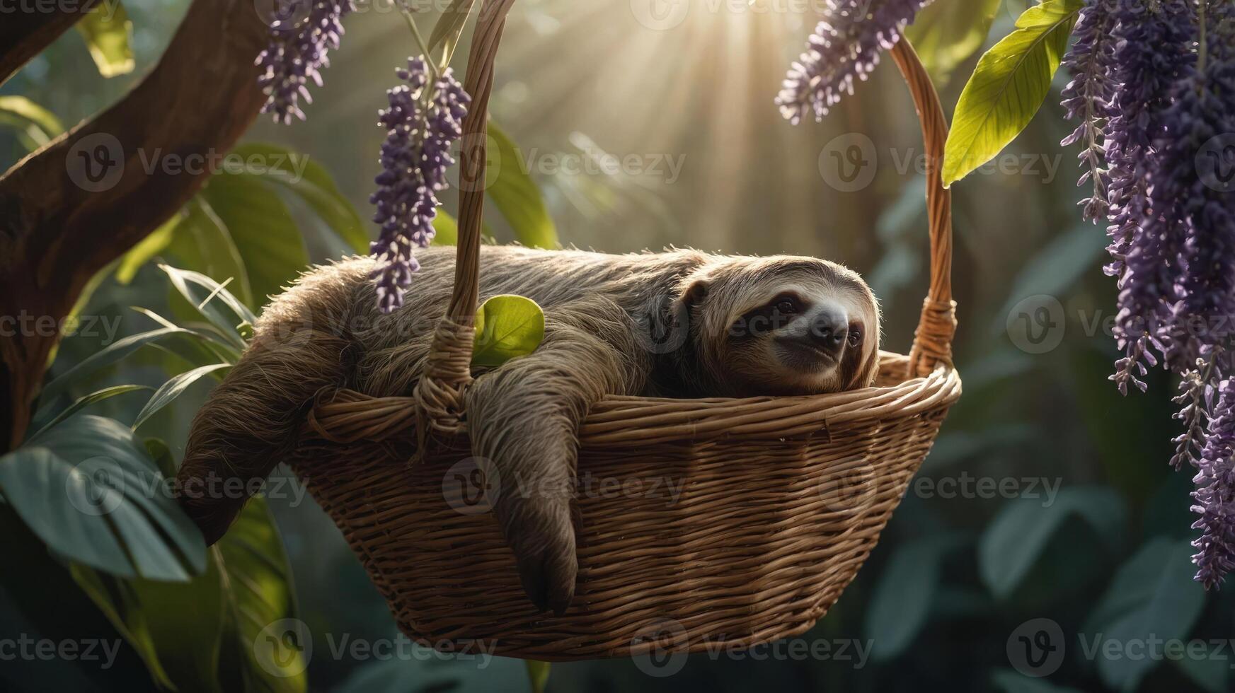 A sloth relaxes in a woven basket surrounded by lush greenery and purple flowers. photo