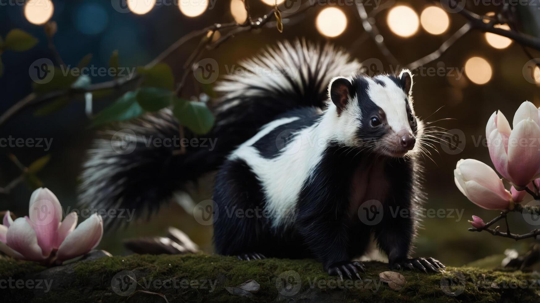 A striking skunk stands on a mossy log surrounded by flowers and soft lights. photo