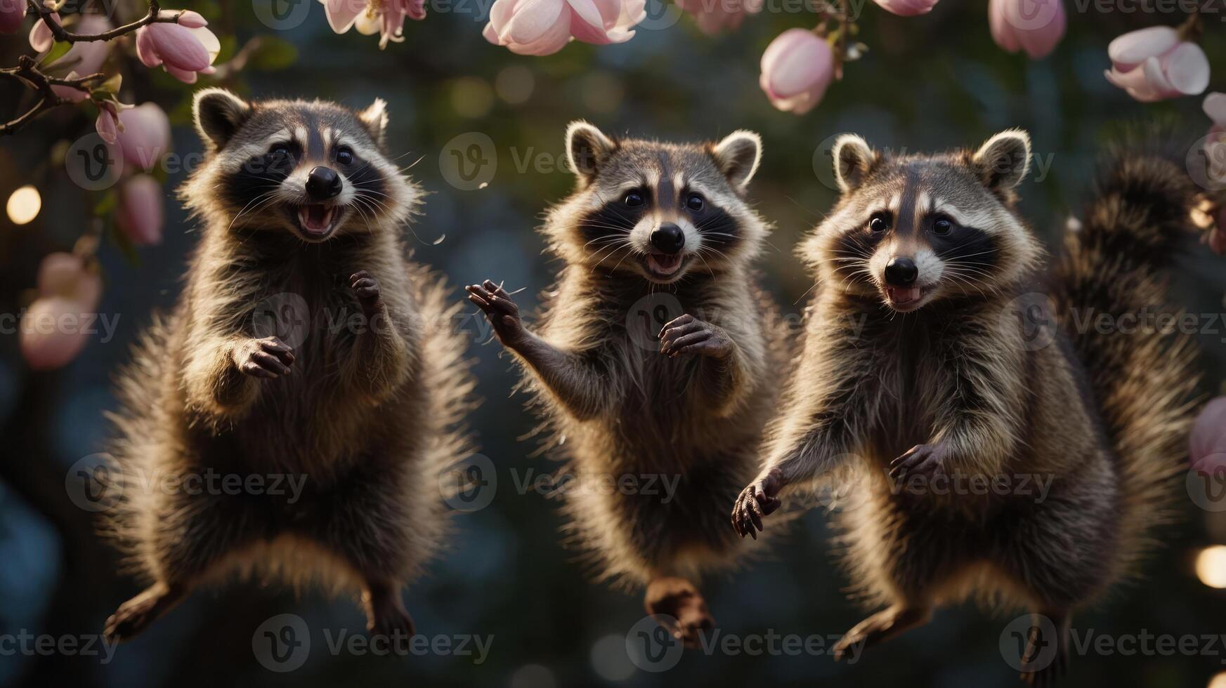 Three playful raccoons jumping amidst blooming flowers. photo
