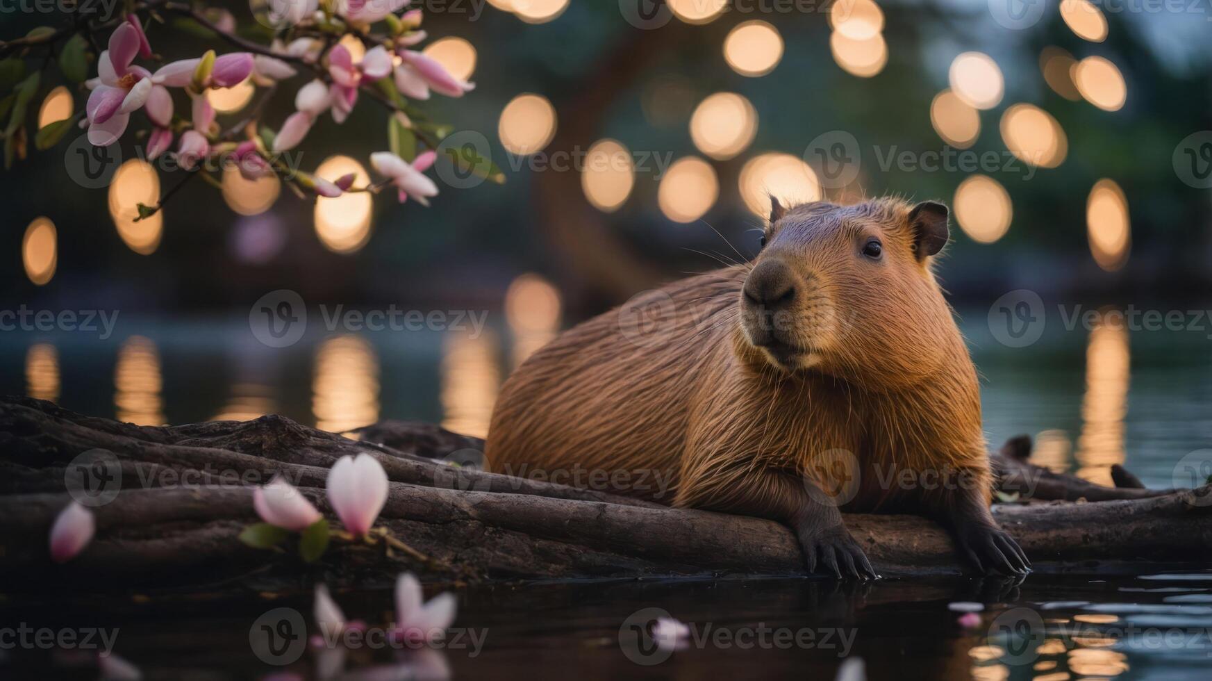 A serene capybara by a tranquil water scene adorned with blooming flowers and soft lights. photo