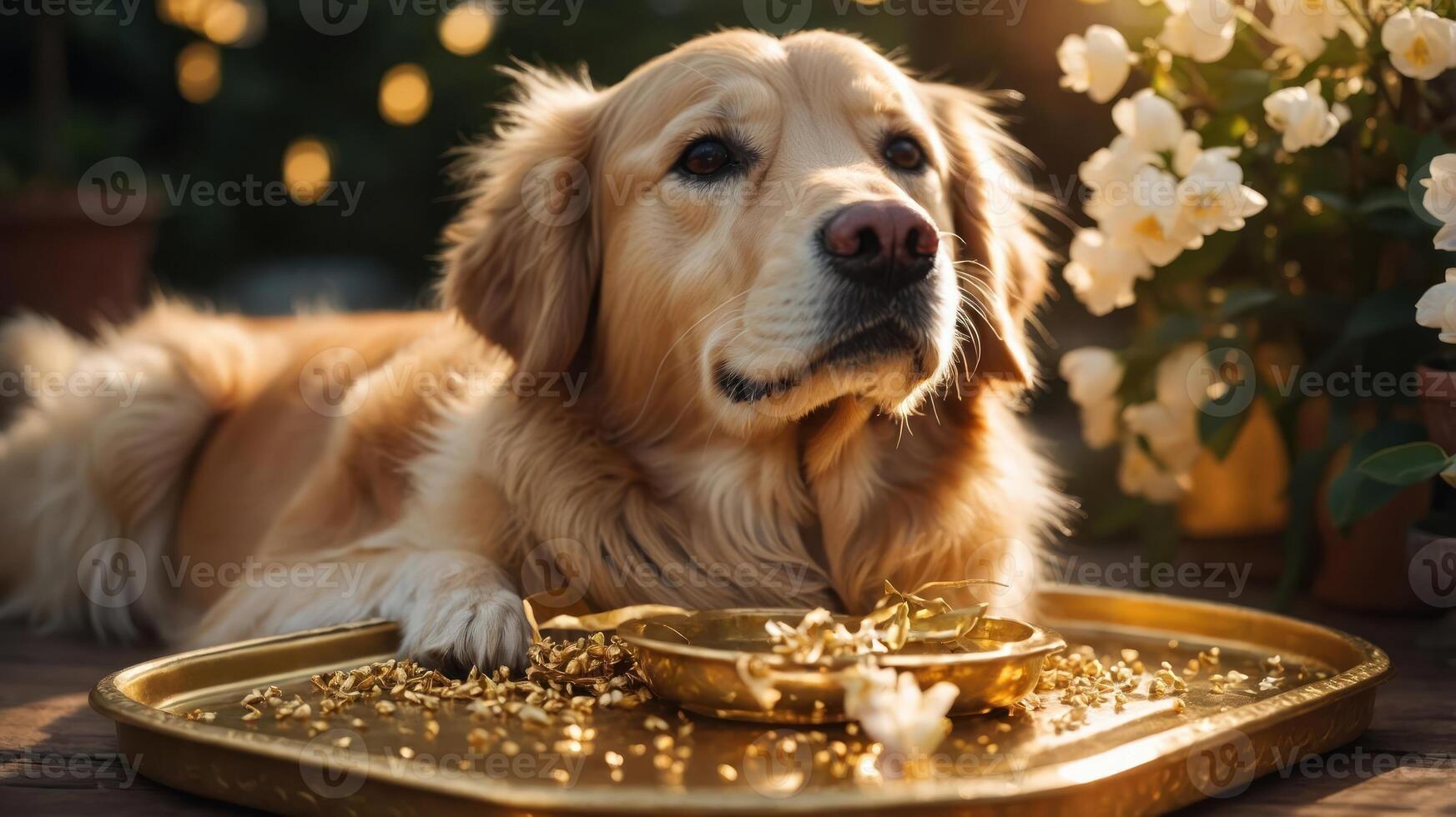A golden retriever rests beside a tray of scattered food, surrounded by flowers and soft lighting. photo