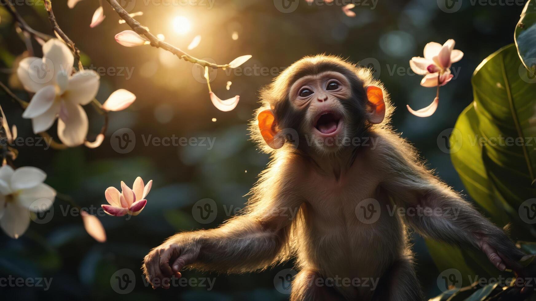 A joyful baby monkey surrounded by flowers in a vibrant, sunlit forest setting. photo