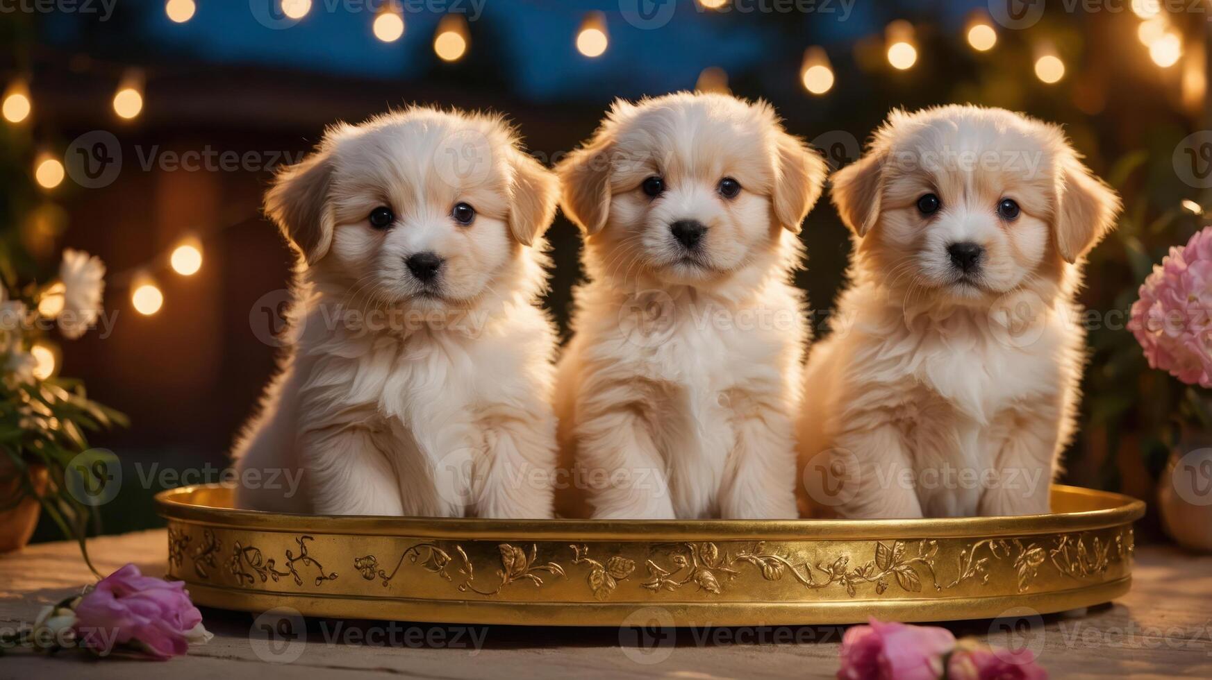 Three fluffy puppies sitting together in a decorative tray, illuminated by soft lights. photo