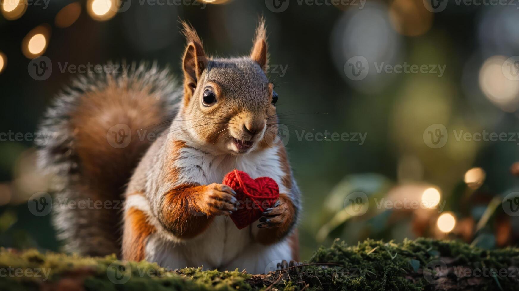 A squirrel holding a red heart-shaped object in a natural setting with soft lighting. photo