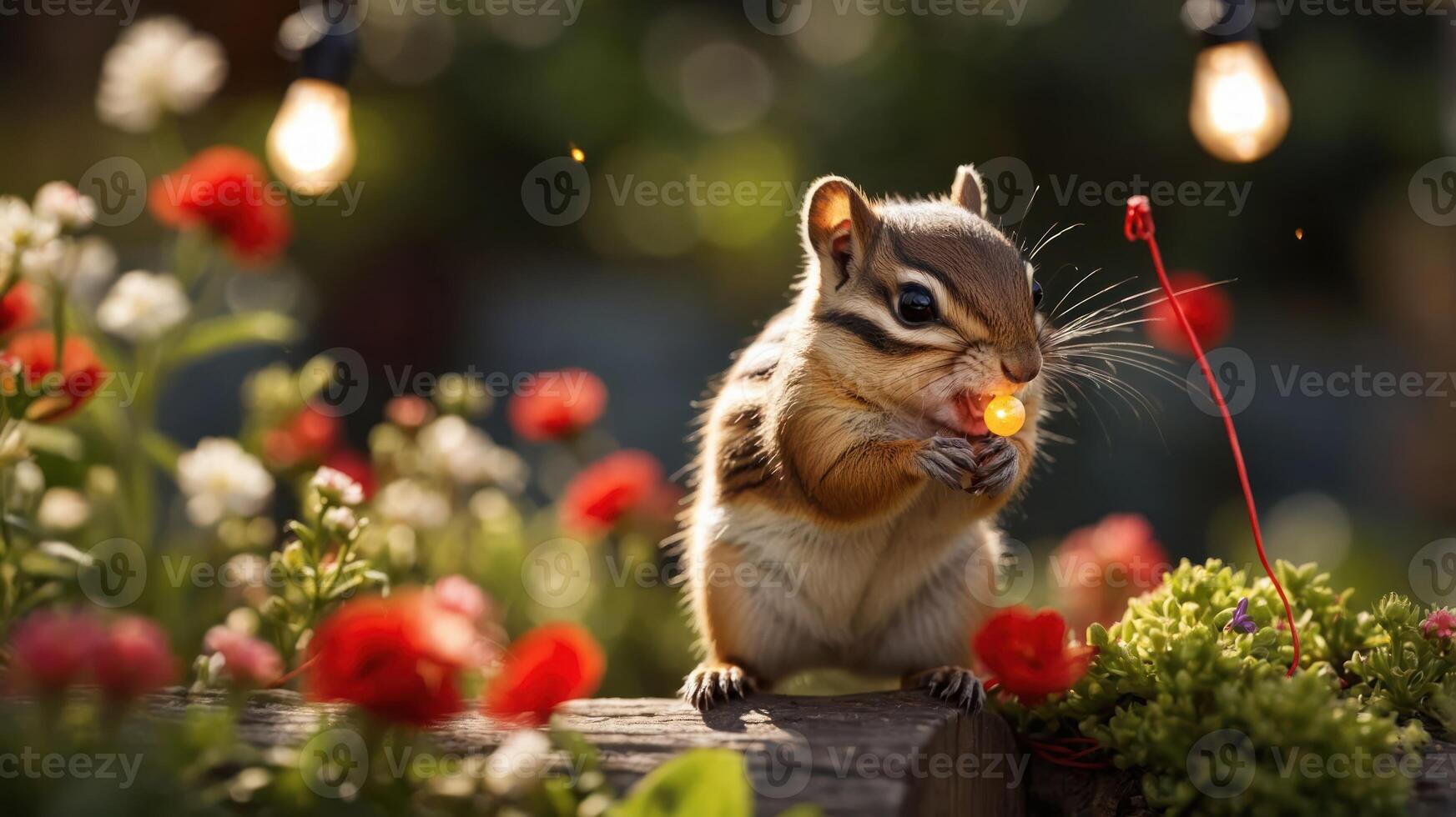 A chipmunk enjoys a small light in a vibrant garden filled with flowers and soft lighting. photo
