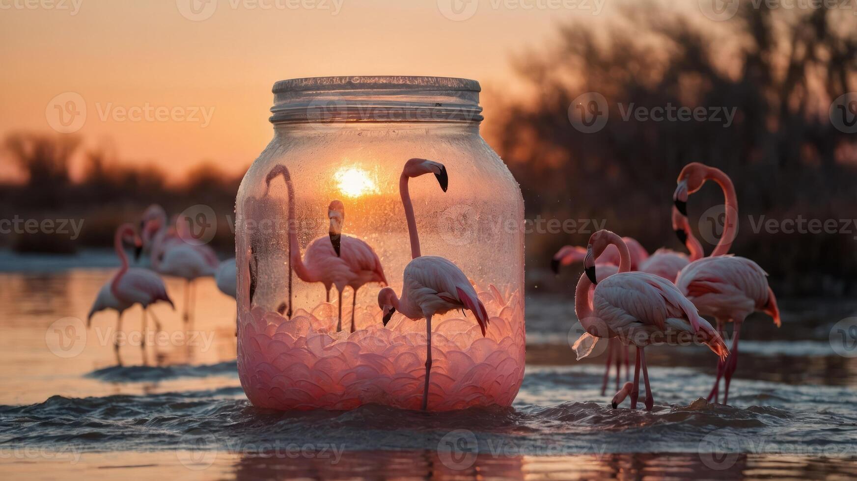 A surreal scene of flamingos in a jar at sunset, blending nature and imagination. photo