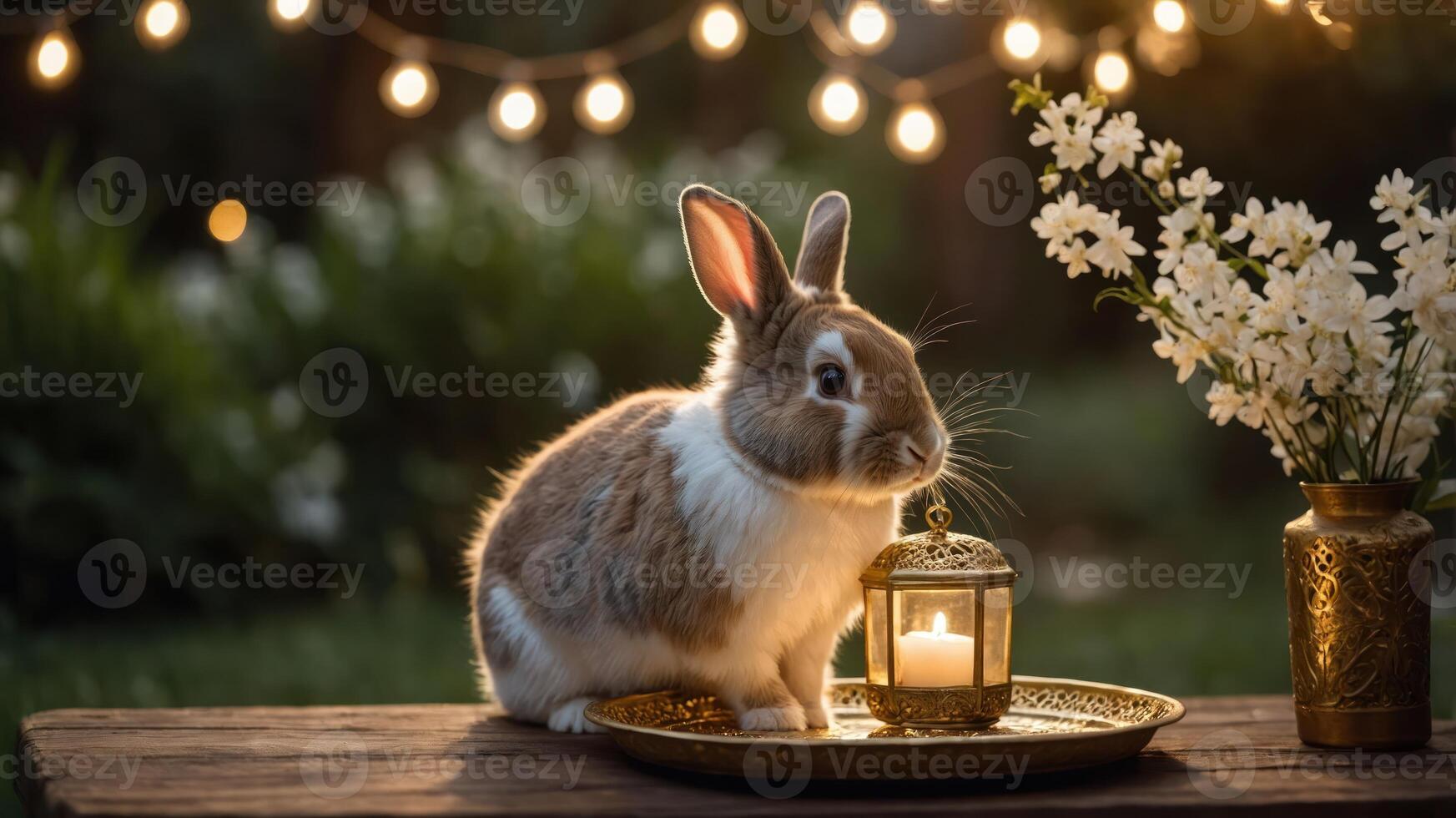 A serene rabbit beside a lantern and flowers, illuminated by soft string lights. photo
