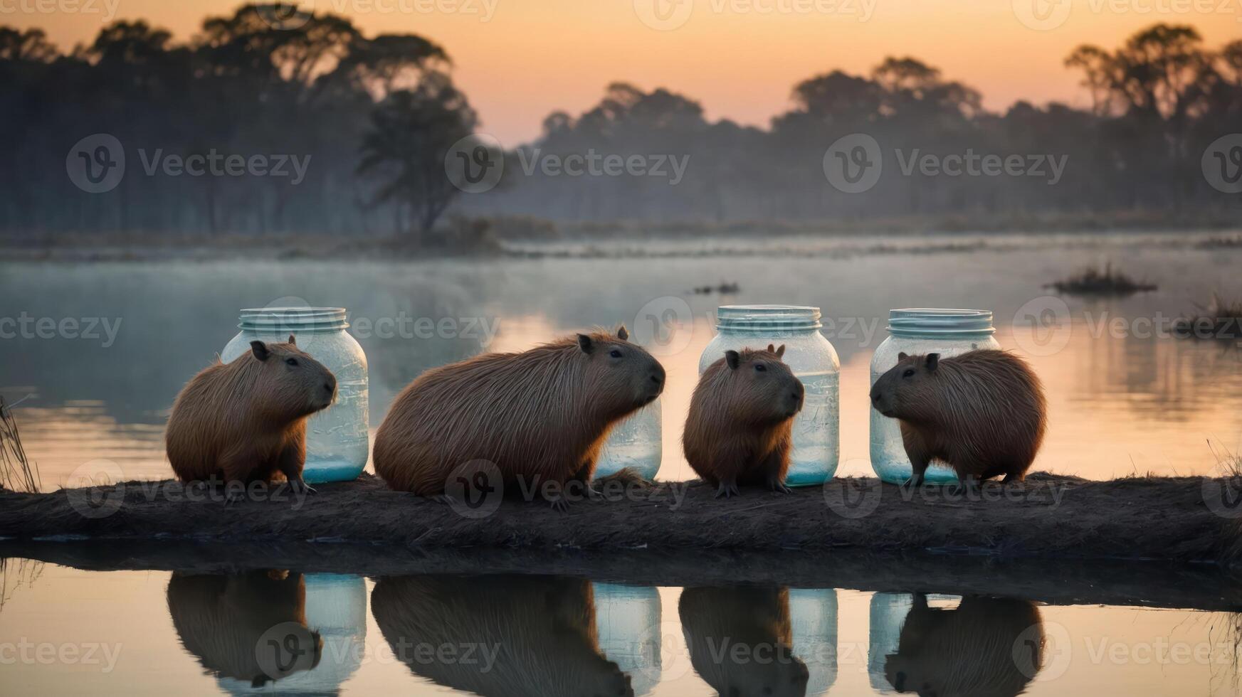 Four capybaras near jars at sunset by a tranquil waterbody. photo