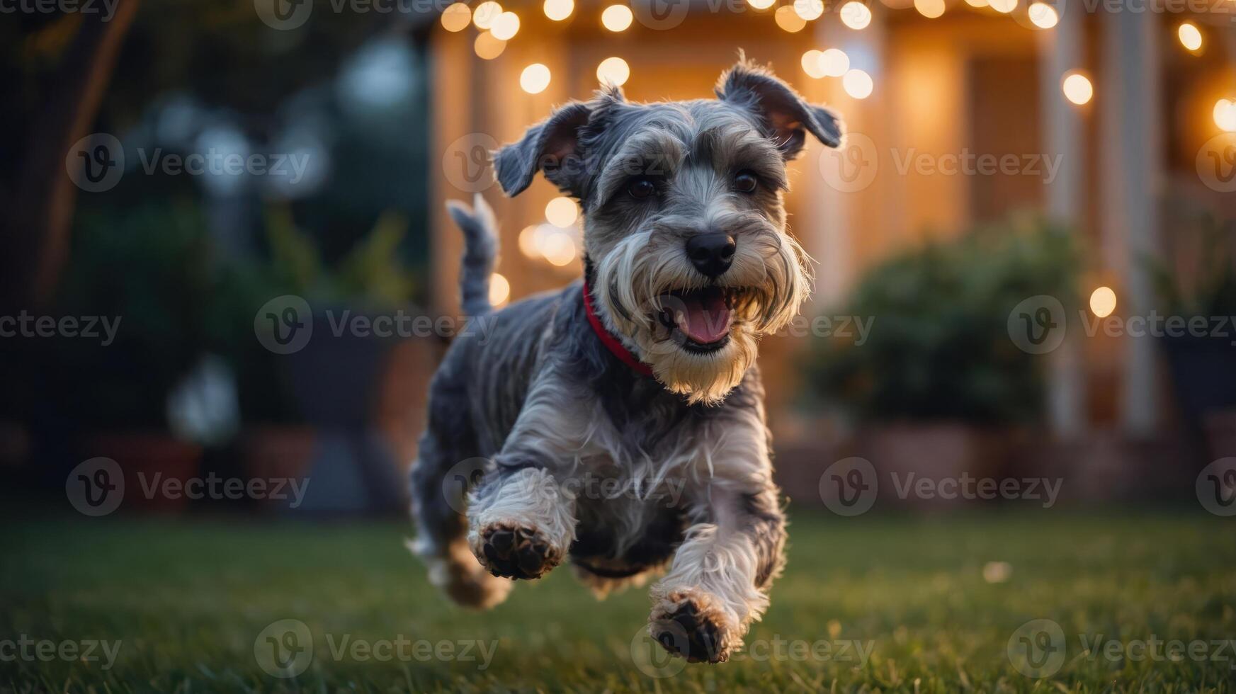 A joyful dog running in a garden with festive lights in the background. photo
