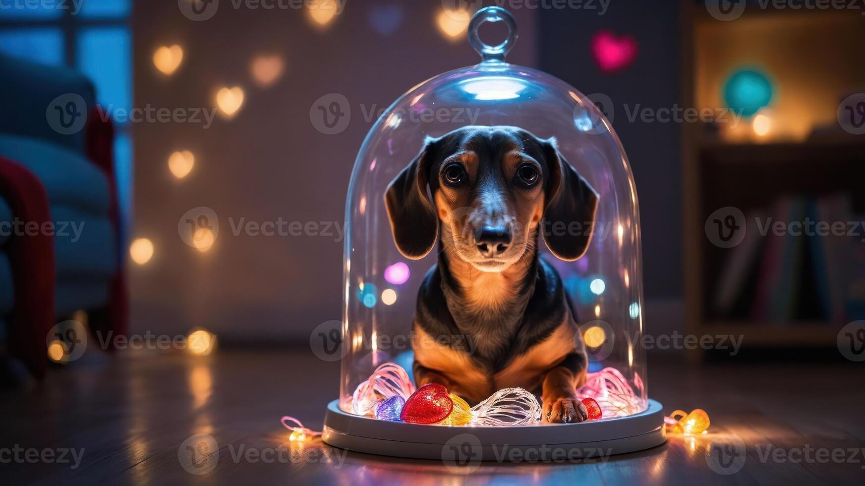 A dachshund under a glass dome surrounded by colorful lights and decorations. photo