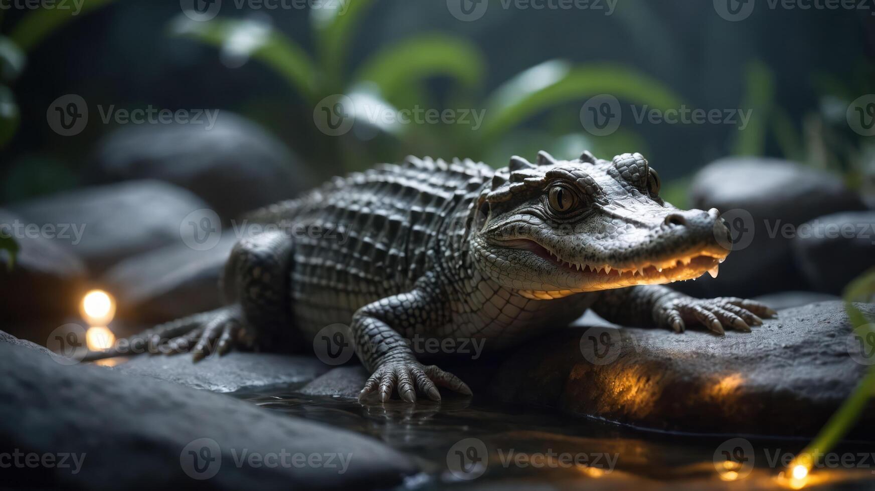 A close-up of a crocodile resting on rocks near water, surrounded by greenery and soft lighting. photo