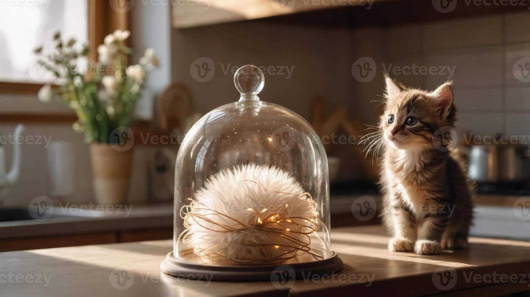 A curious cat gazes at a decorative light under a glass dome in a cozy kitchen setting. photo