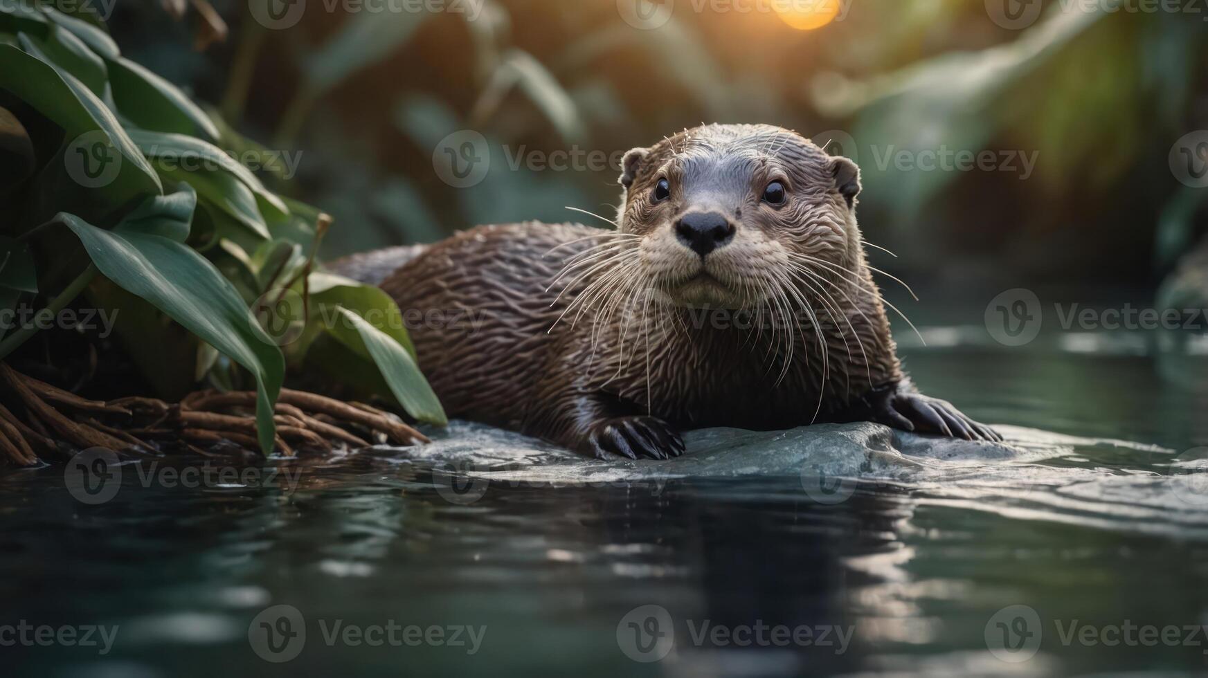A serene otter resting on a rock by the water, surrounded by lush greenery at sunset. photo