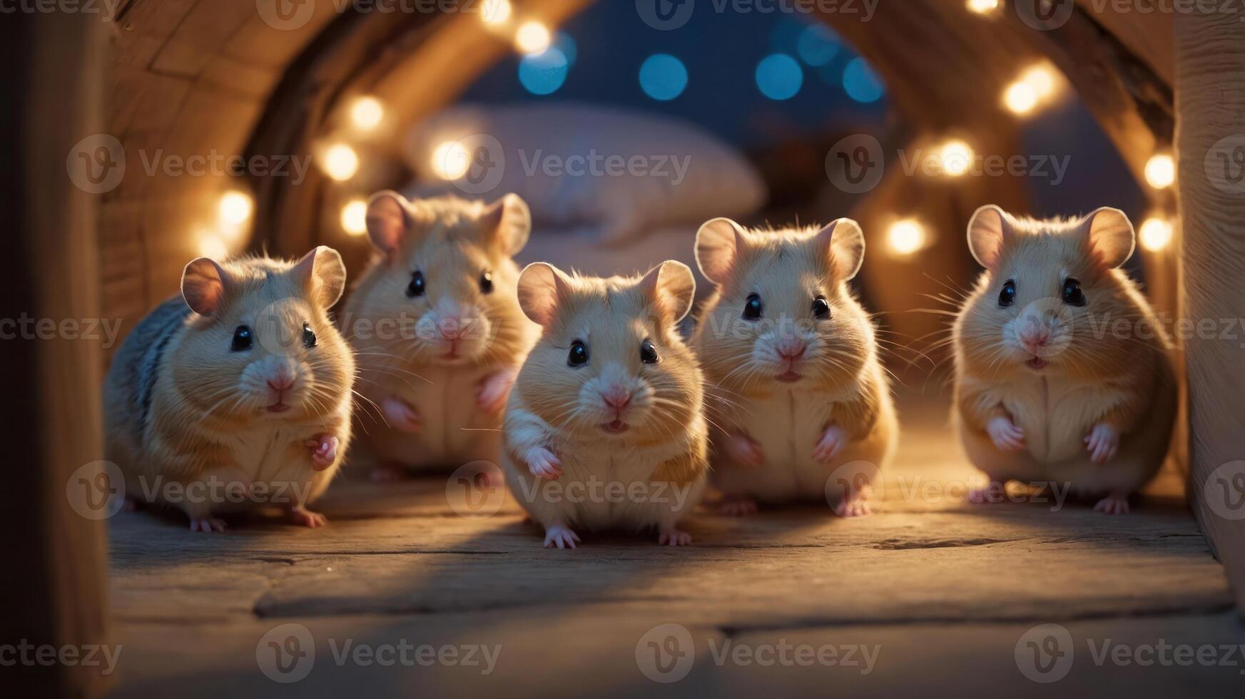 Five cute hamsters gathered in a cozy setting with warm lights. photo