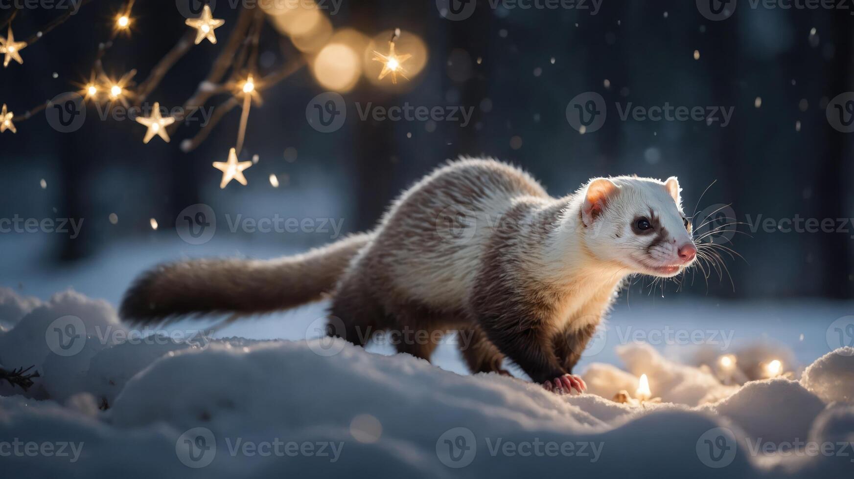 A ferret in the snow, surrounded by twinkling lights and a starry atmosphere. photo
