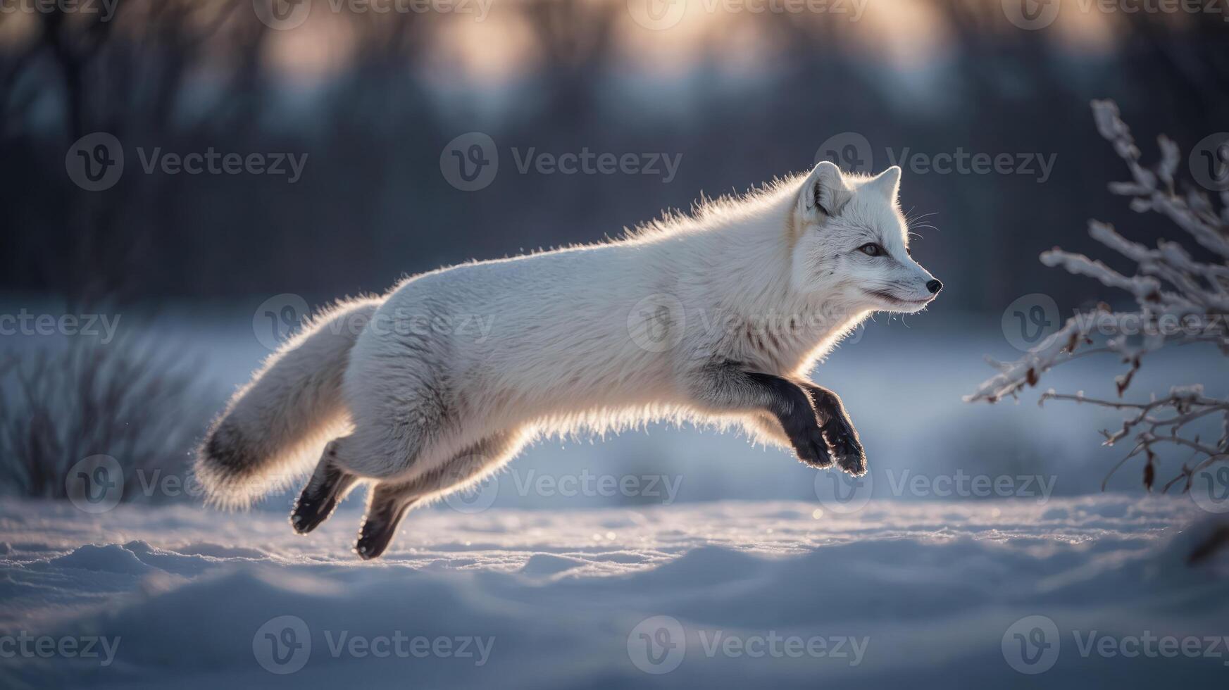 A white fox leaps gracefully through a snowy landscape, showcasing its agility and beauty. photo