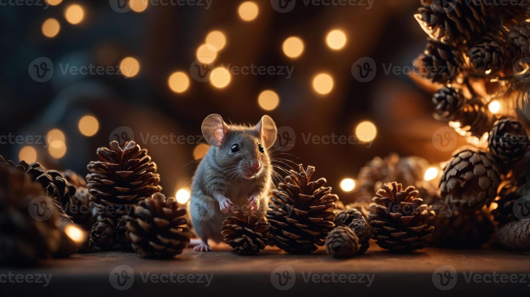 A cute mouse among pine cones and warm lights, creating a cozy, festive atmosphere. photo