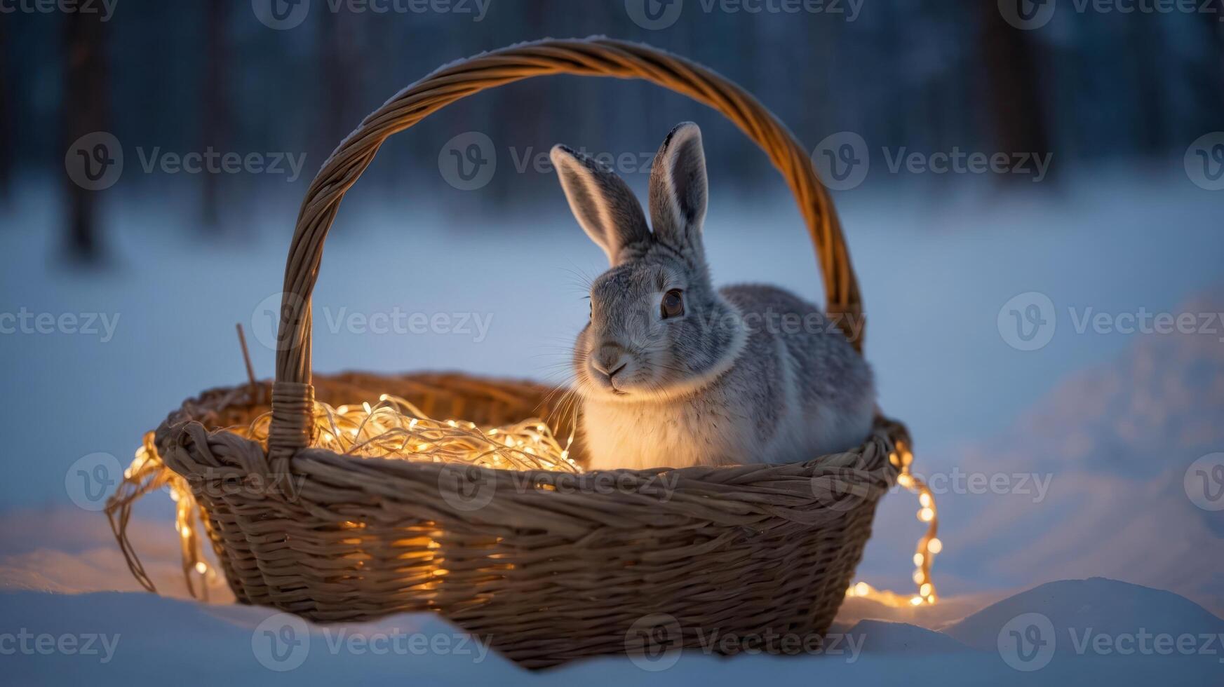 A rabbit resting in a woven basket illuminated by fairy lights in a snowy landscape. photo