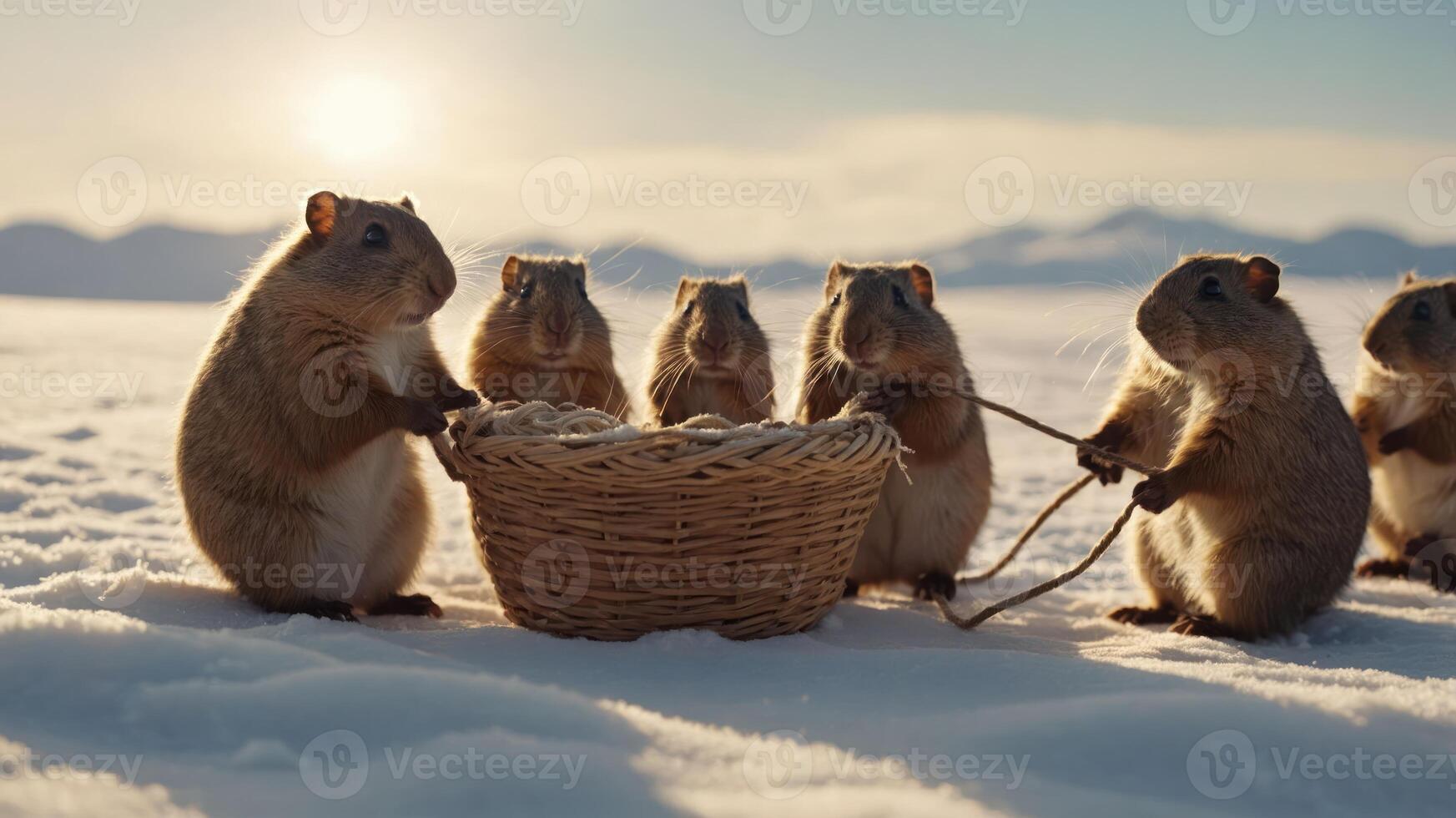 A group of small animals gathered around a basket in a snowy landscape at sunset. photo