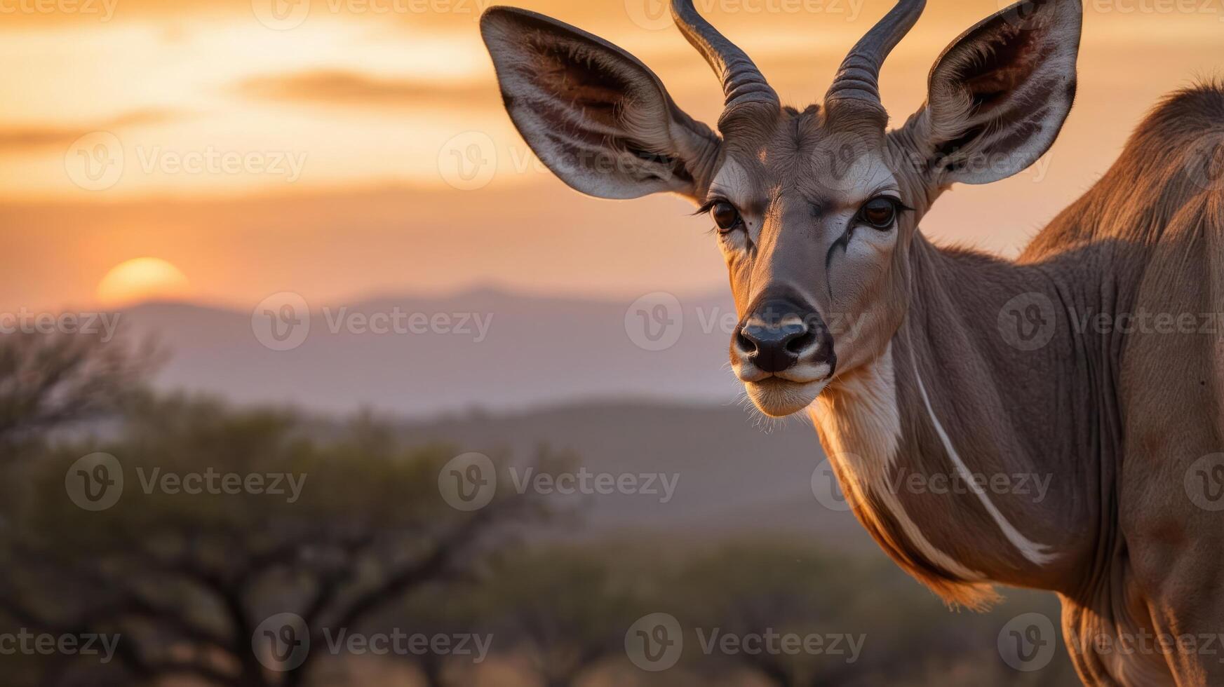 A close-up of an antelope against a sunset backdrop in a natural setting. photo