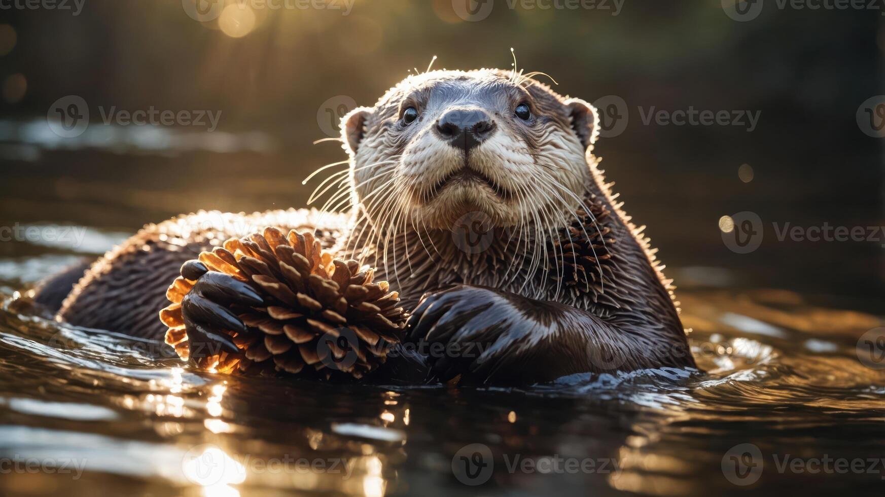 A playful otter holds a pine cone while swimming in a sunlit, serene water environment. photo