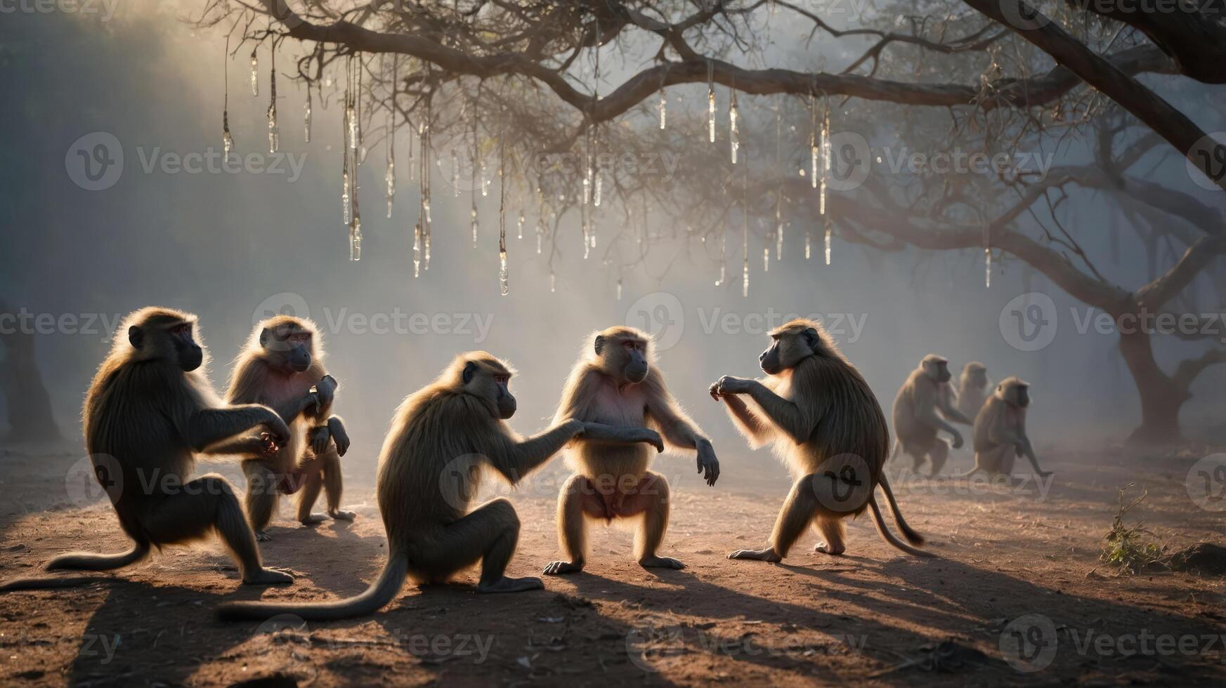 A group of baboons interacting in a misty landscape, showcasing social behavior in nature. photo