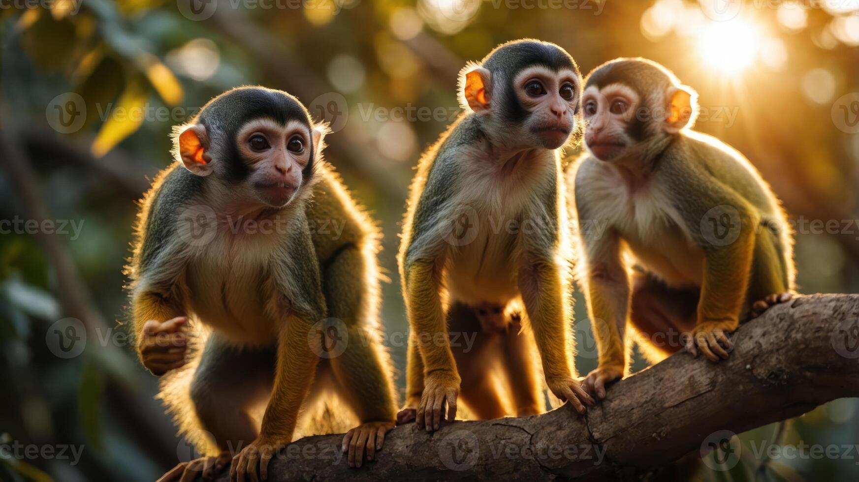 Three monkeys perched on a branch, illuminated by sunlight in a natural setting. photo
