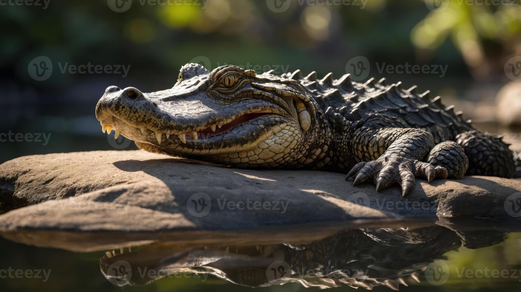 A crocodile resting on a rock near water, showcasing its textured skin and environment. photo