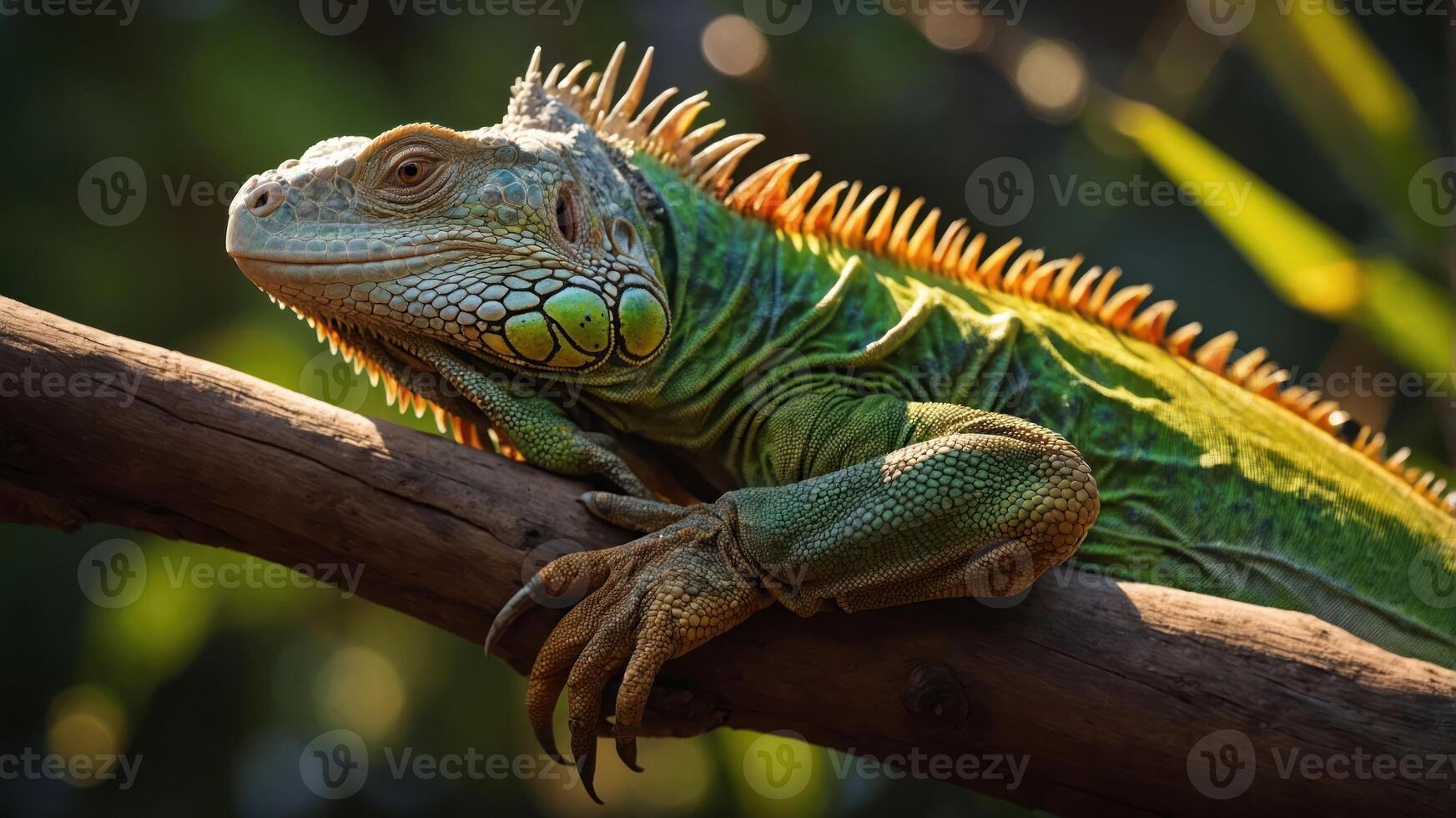A vibrant green iguana resting on a branch in a natural setting. photo