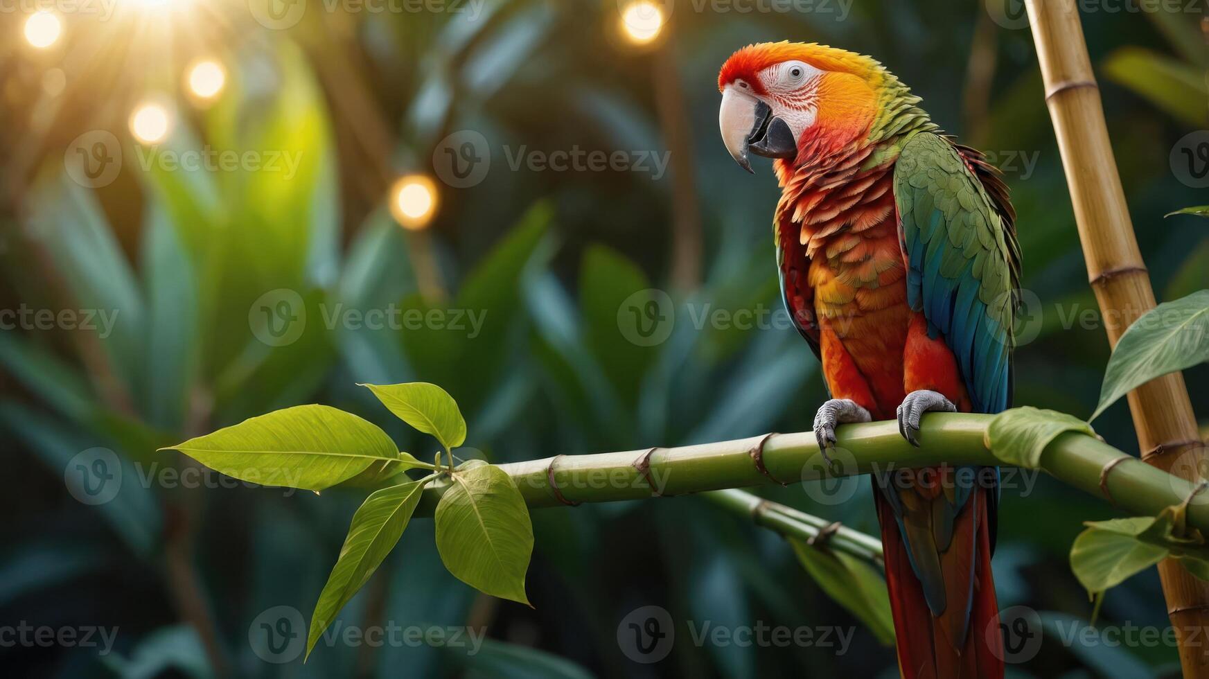 A vibrant parrot perched on a bamboo branch amidst lush greenery and soft lighting. photo
