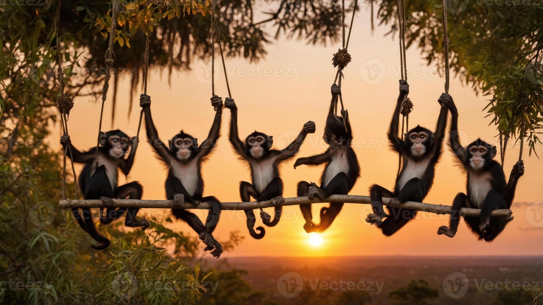 Six monkeys hanging on a branch during a sunset, showcasing playful interaction in nature. photo