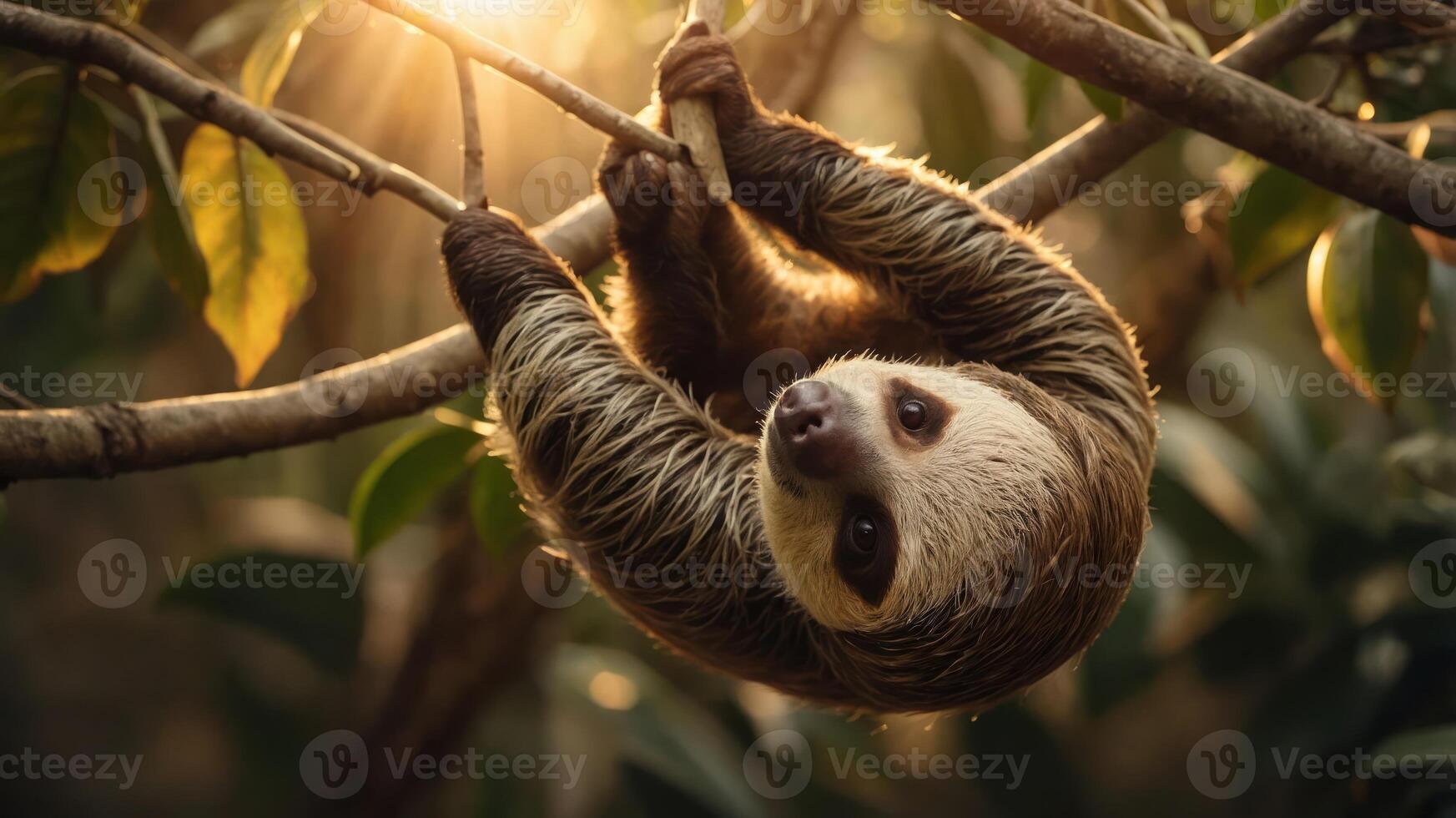A sloth hanging from a branch in a sunlit forest, showcasing its relaxed nature. photo