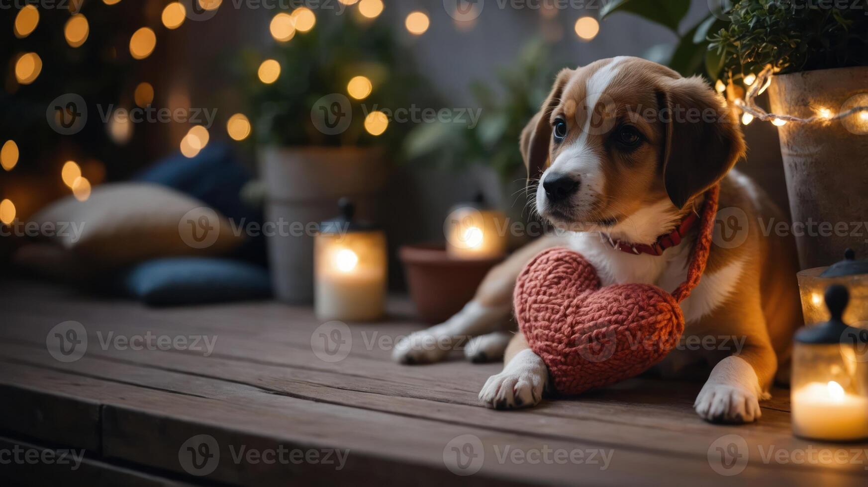A cozy dog resting with a heart-shaped pillow surrounded by warm lights and plants. photo