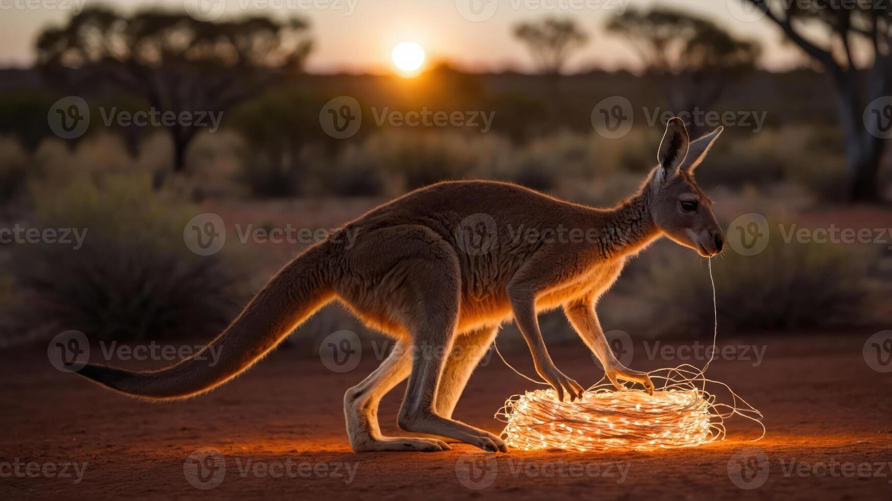 A kangaroo interacts with a glowing string of lights at sunset in a serene landscape. photo