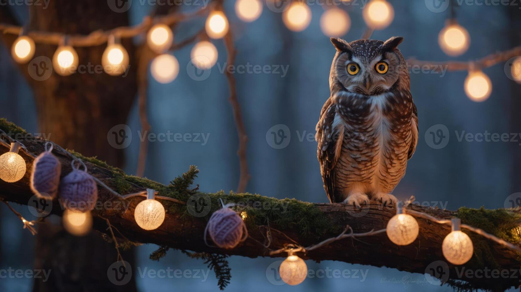 An owl perched on a branch adorned with glowing lights in a serene, twilight setting. photo