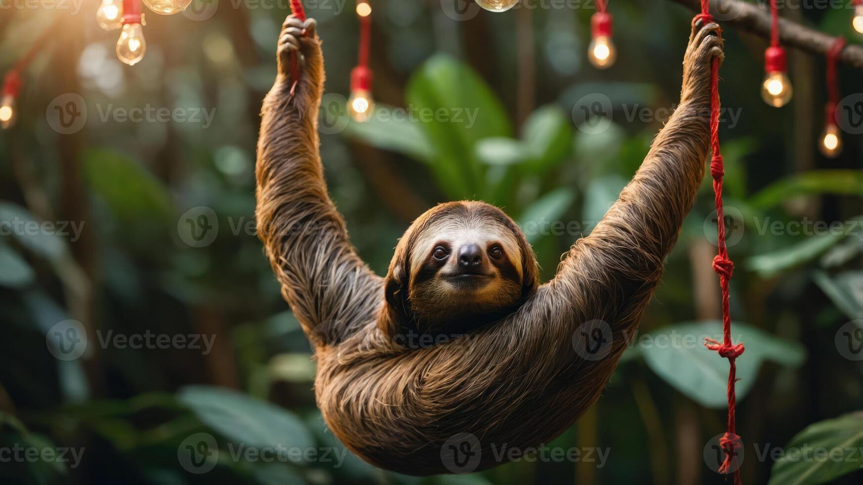 A sloth hanging from a rope amidst lush greenery and decorative lights. photo