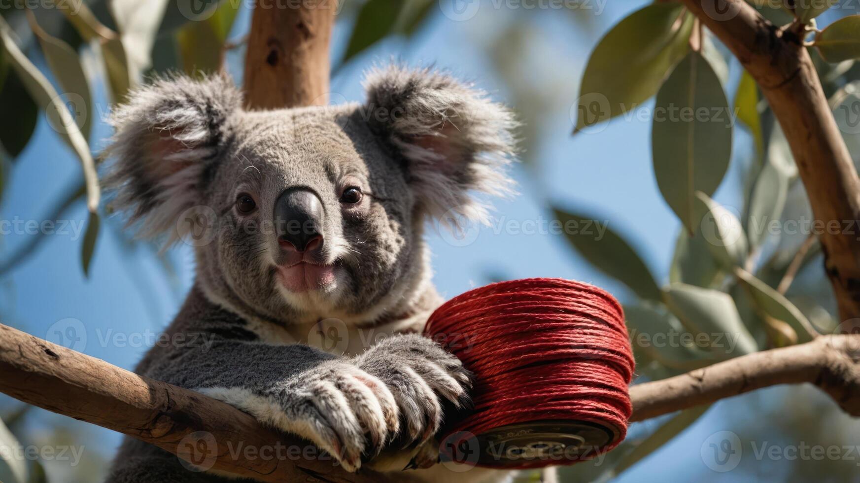 A koala resting on a tree branch with a spool of red thread beside it. photo