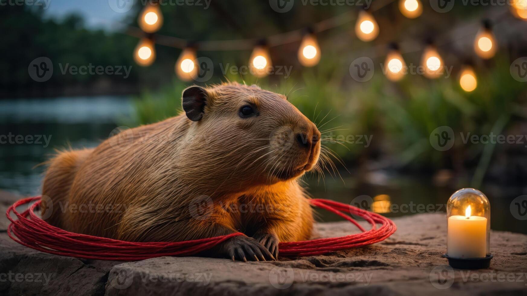A capybara rests by a serene water setting, illuminated by warm string lights and a candle. photo