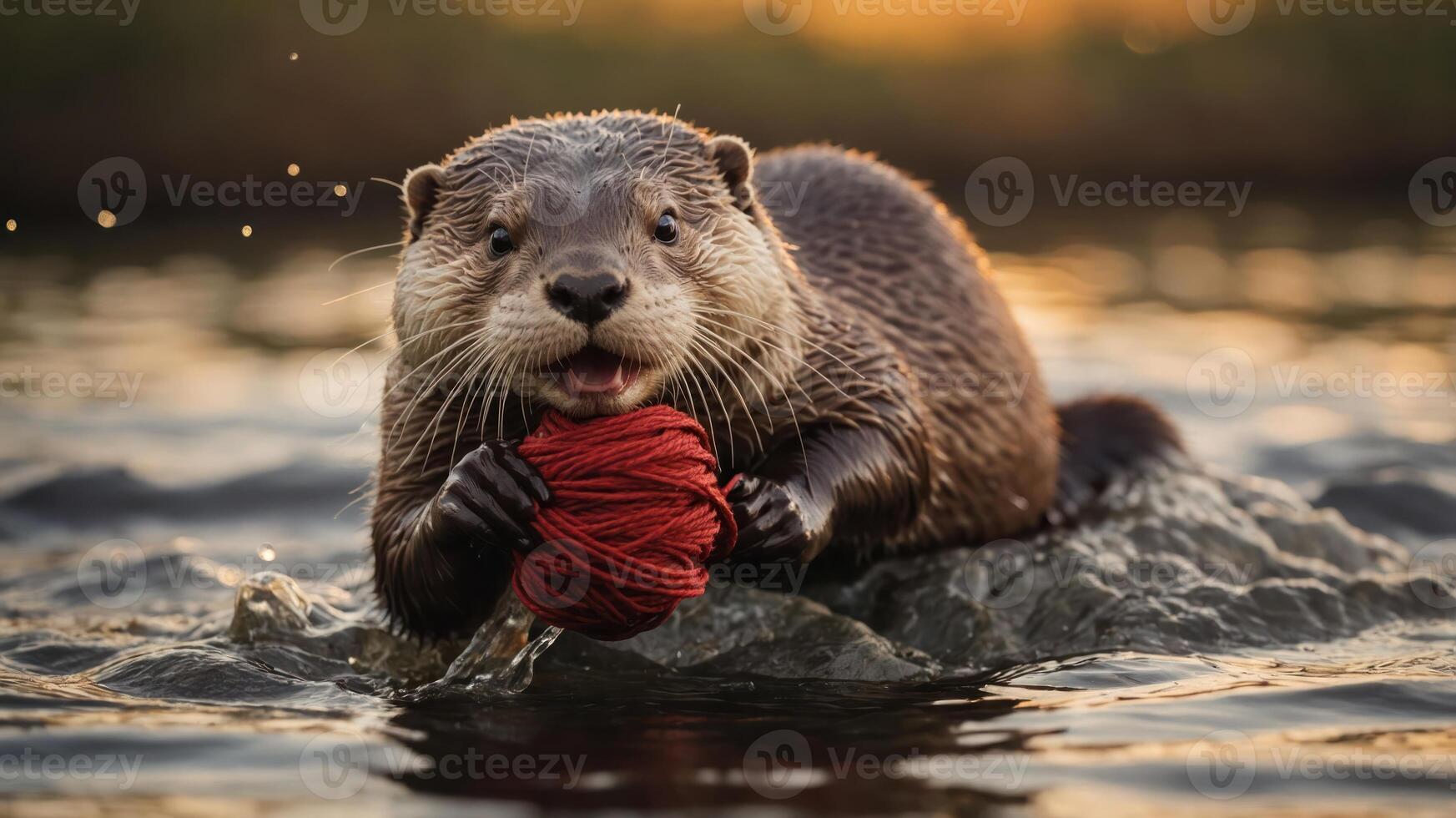A playful otter joyfully holds a ball of red yarn while perched on a rock in water. photo