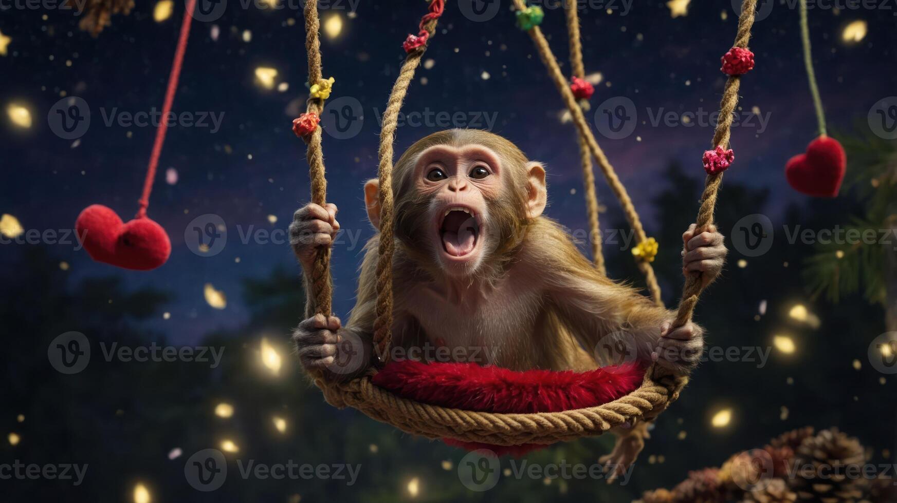 A playful monkey swings joyfully in a whimsical nighttime setting. photo